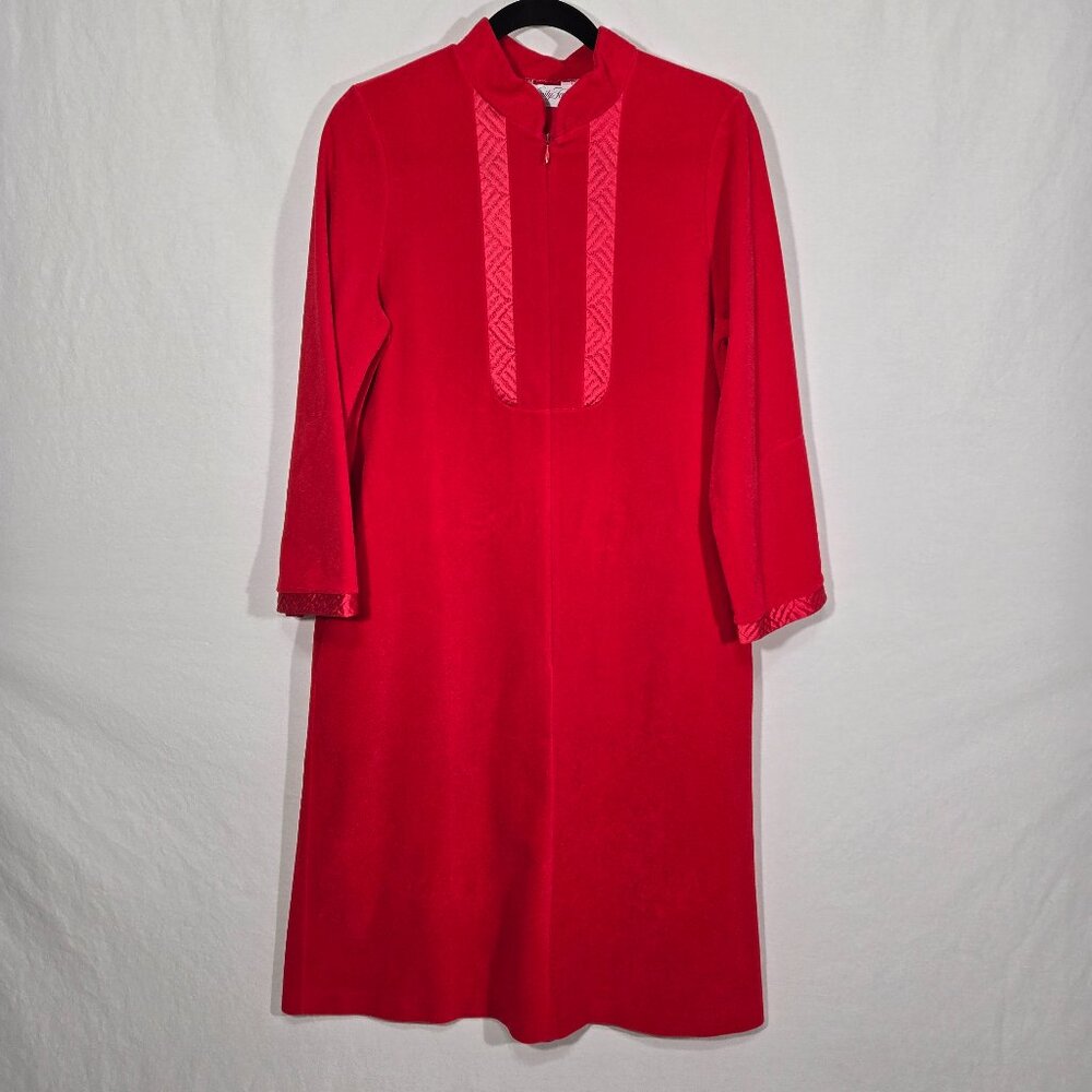 U.S.A. Vintage VANITY FAIR Red VELVET Satin Trim Mid-Length House Dress Size S.
